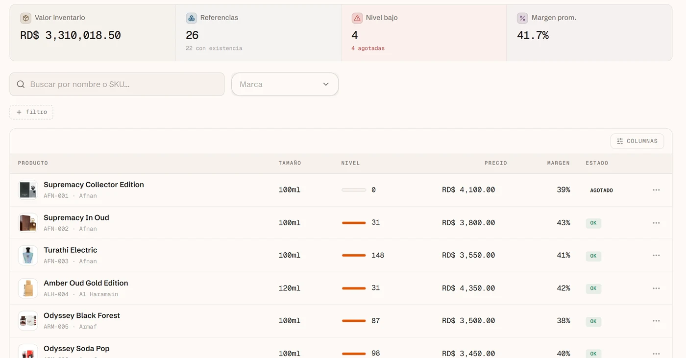 La pantalla de Productos de Puntto: valor de inventario, referencias, nivel bajo y margen promedio, sobre una tabla con la existencia, el precio, el margen y el estado de cada producto.